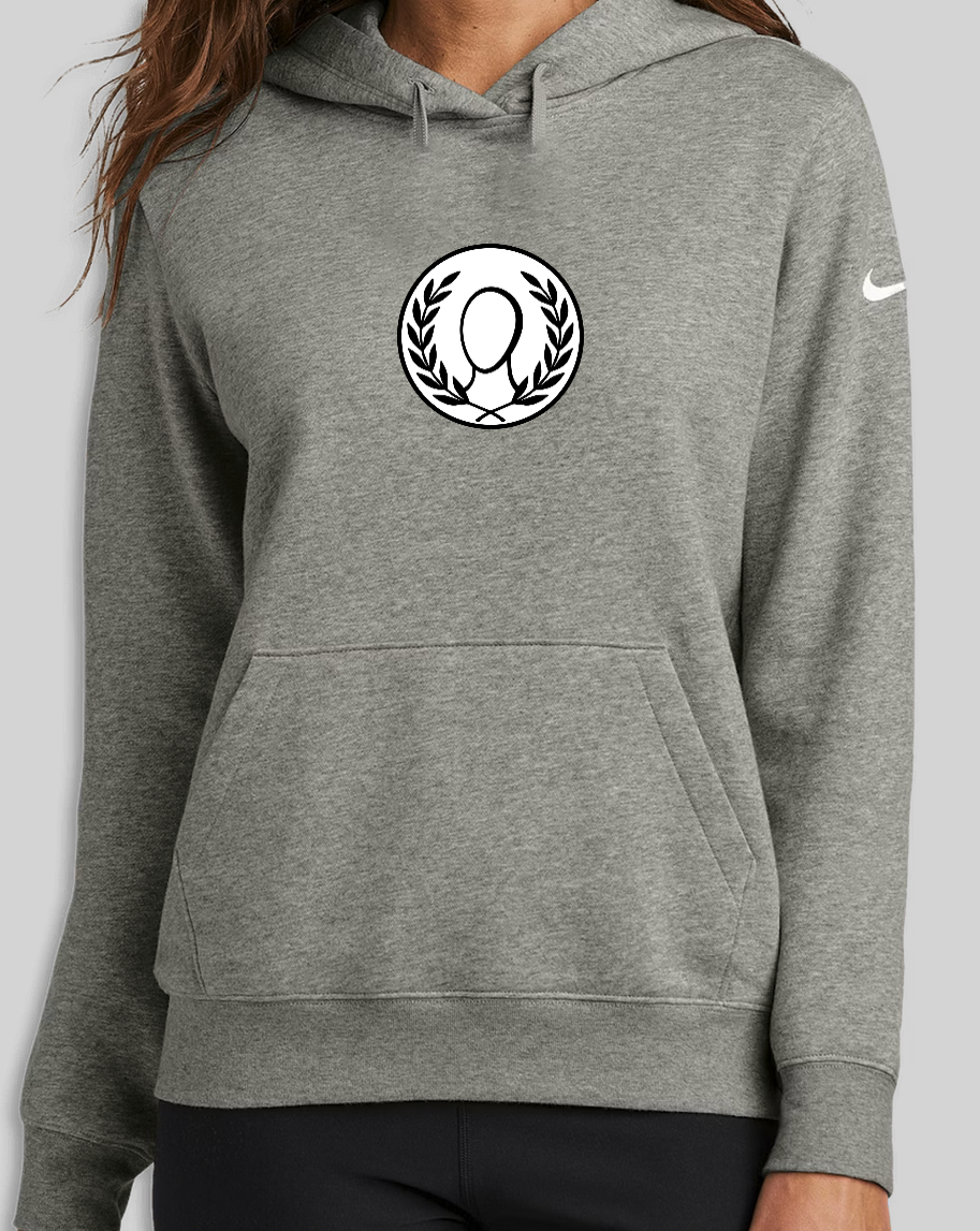 woman with grey hoodie with Agora logo